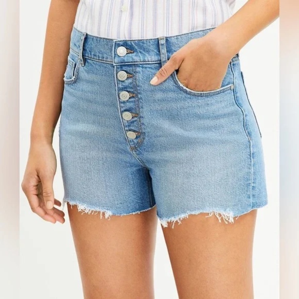 LOFT Button Front High Rise Destructed Cut Off Blue Denim Jean Shorts 32/14